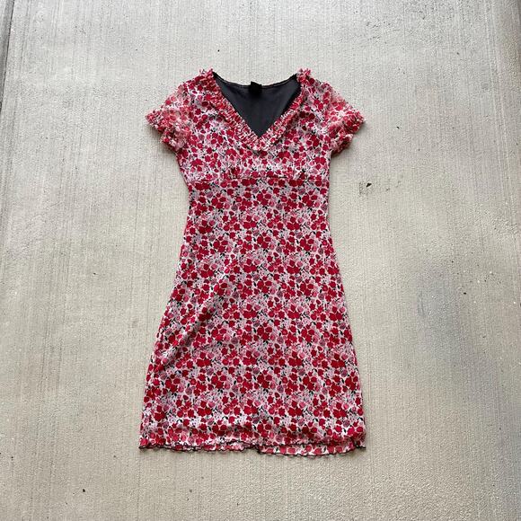 y2k vintage 2000s red floral micro mesh midi dress | size m - Picture 1 of 6